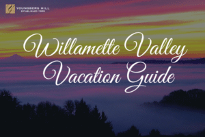 view of valley with words "willamette valley vacation guide" on top